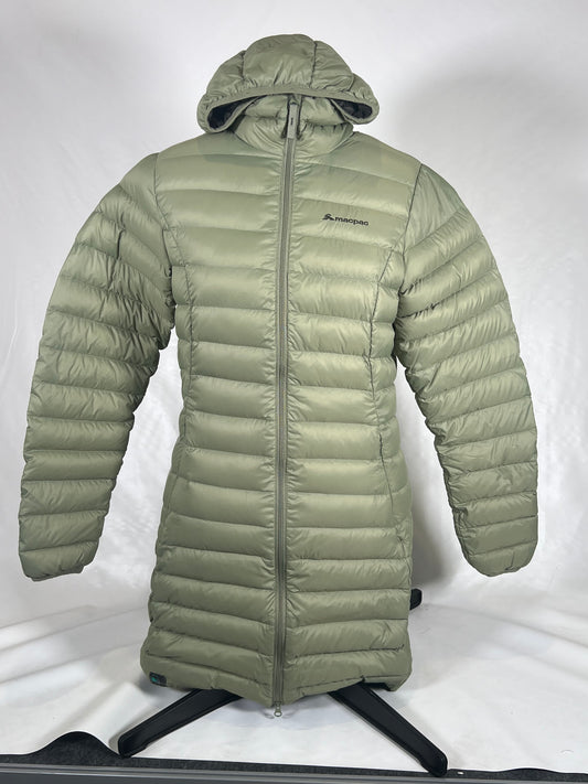 GREEN Macpac Uber longline hooded down jacket size 8, MP0008 $60