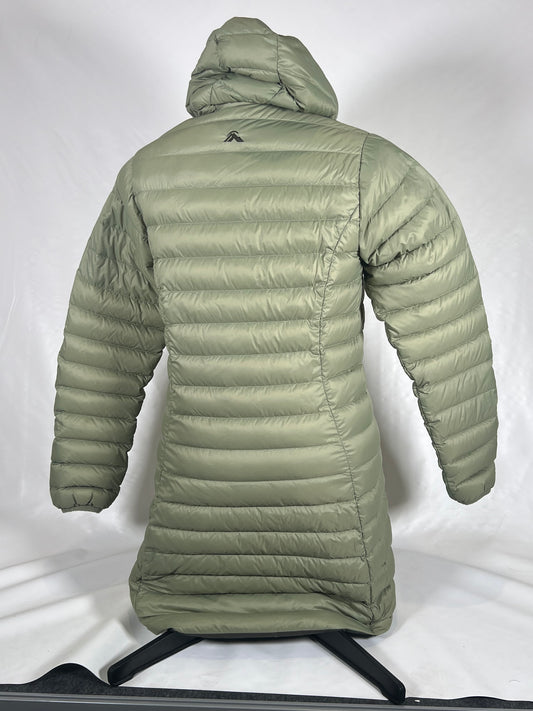 GREEN Macpac Uber longline hooded down jacket size 8, MP0008 $60